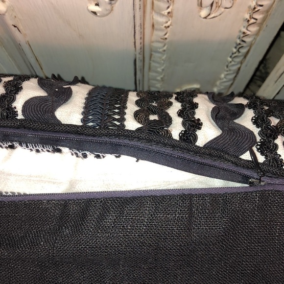 EDIE Inc. Unique Rick Rack Trimmed Black on White Feathered Filled Accent Pillow - Picture 5 of 6